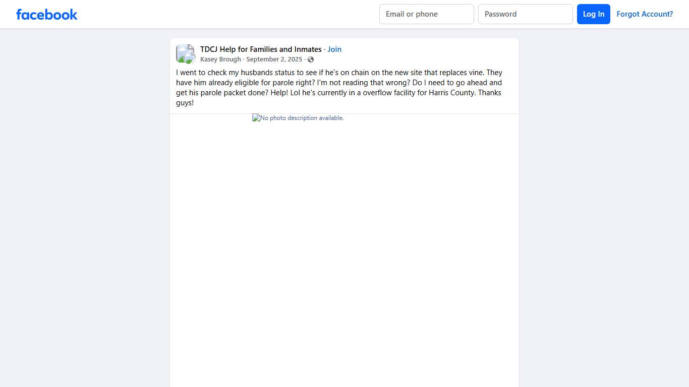 TDCJ Help for Families and Inmates I went to check my husbands status to see if he's on chain on the new site that replaces vine Facebook